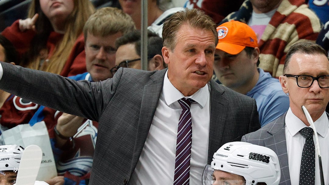 Mar 27, 2025; Denver, Colorado, USA; Los Angeles Kings head coach Jim Hiller in the first period against the Los Angeles Kings at Ball Arena. Mandatory Credit: Isaiah J. Downing-Imagn Images