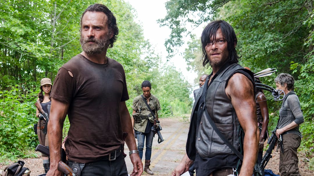 Lauren Cohan as Maggie Greene, Steven Yeun as Glenn Rhee, Josh McDermitt as Dr. Eugene Porter, Christian Serratos as Rosita Espinosa, Andrew Lincoln as Rick Grimes, Sonequa Martin-Green as Sasha, Norman Reedus as Daryl Dixon and Melissa McBride as Carol Peletier - The Walking Dead _ Season 5, Episode 10 