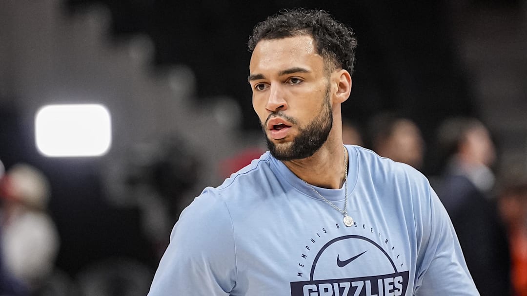 Mar 23, 2026; Atlanta, Georgia, USA; Memphis Grizzlies forward Tyler Burton (5) warms up on the court before the game against the Atlanta Hawks at State Farm Arena. Mandatory Credit: Dale Zanine-Imagn Images