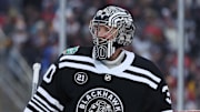 Jan 1, 2019; South Bend, IN, USA; Chicago Blackhawks goaltender Cam Ward (30) in the third period in the 2019 Winter Classic hockey game against the Boston Bruins at Notre Dame Stadium. Mandatory Credit: Aaron Doster-USA TODAY Sports