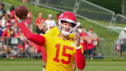 Kansas City Chiefs quarterback Patrick Mahomes (15) throws a pass during training camp at Missouri Western State University.