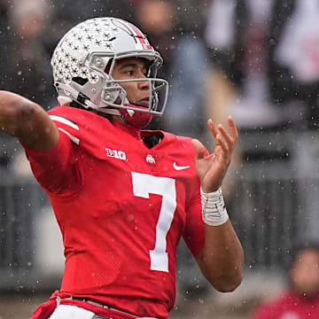 Ohio State Buckeyes quarterback C.J. Stroud (7) throws a pass during the first half of the NCAA football game against the Indiana Hoosiers at Ohio Stadium.

Syndication The Columbus Dispatch