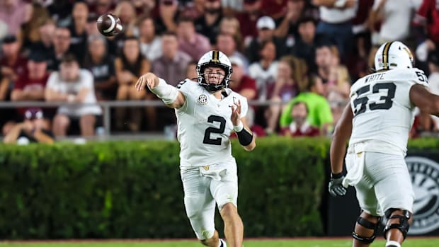 Vanderbilt Commodores quarterback Diego Pavia (2) passes against the South Carolina Gamecocks in the second quarter 