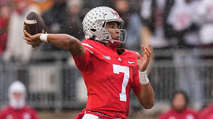 Ohio State Buckeyes quarterback C.J. Stroud (7) throws a pass during the first half of the NCAA football game against the Indiana Hoosiers at Ohio Stadium.

Syndication The Columbus Dispatch