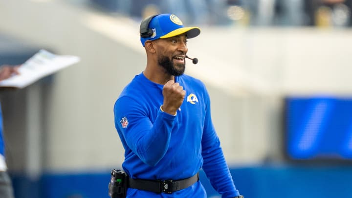 October 15, 2023; Inglewood, California, USA; Los Angeles Rams defensive backs/pass game coordinator Aubrey Pleasant during the third quarter against the Arizona Cardinals at SoFi Stadium. Mandatory Credit: Kyle Terada-USA TODAY Sports