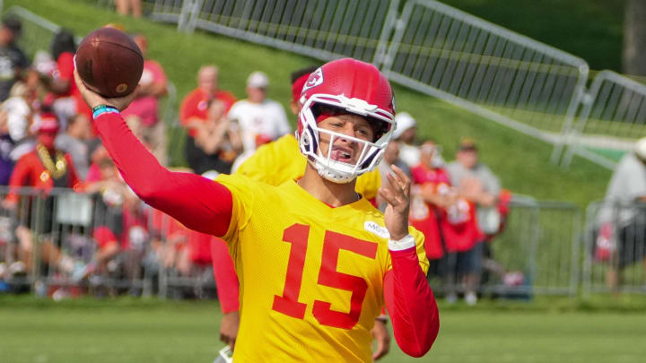 Jul 22, 2024; St. Joseph, MO, USA; Kansas City Chiefs quarterback Patrick Mahomes (15) throws a pass during training camp at Missouri Western State University. Mandatory Credit: Denny Medley-USA TODAY Sports