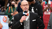 February 20, 2022; Cleveland, Ohio, USA; TNT broadcaster Ernie Johnson Jr. after the 2022 NBA All-Star Game at Rocket Mortgage FieldHouse. Mandatory Credit: Kyle Terada-Imagn Images