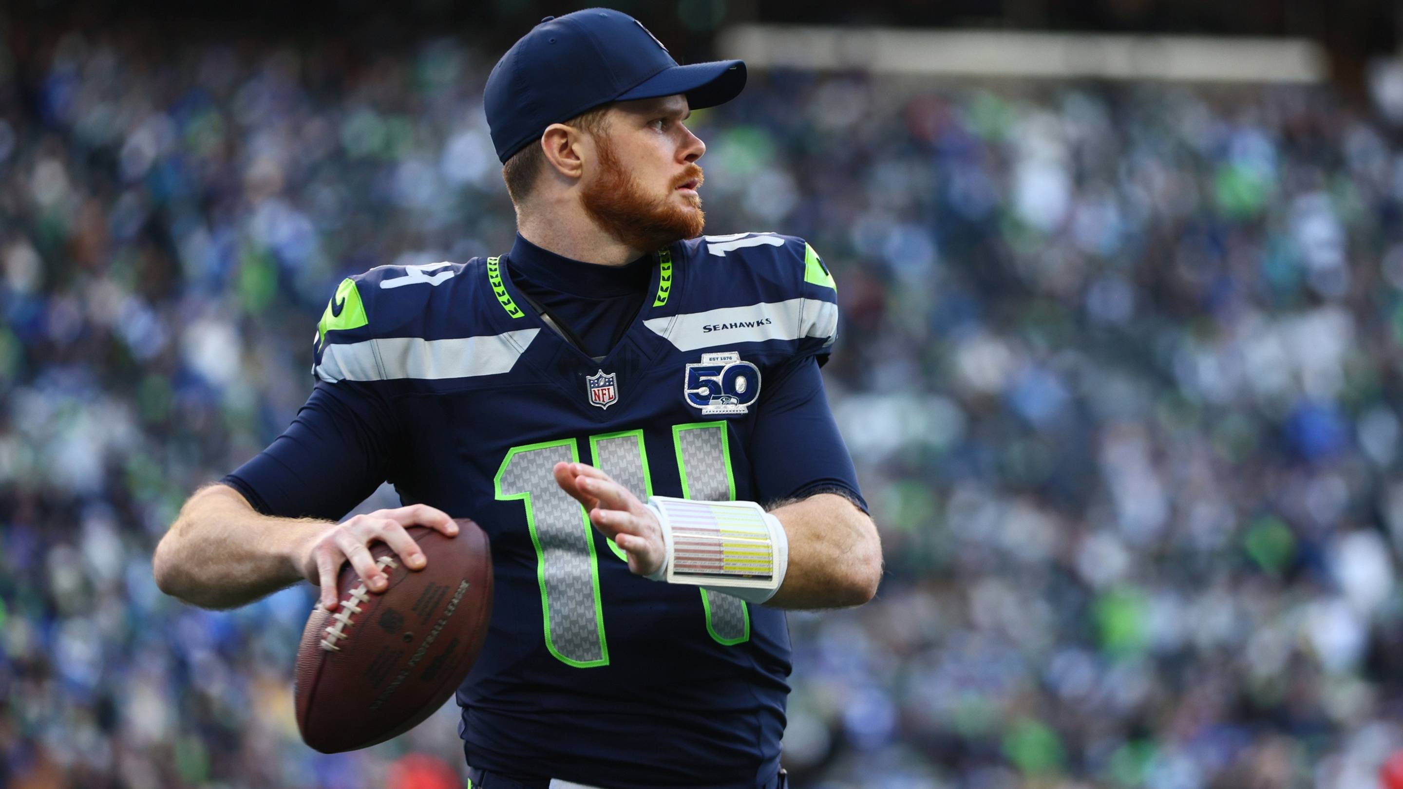 Seattle Seahawks quarterback Sam Darnold (14) passes against the Los Angeles Rams during the first half in the 2026 NFC Championship Game.