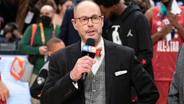 February 20, 2022; Cleveland, Ohio, USA; TNT broadcaster Ernie Johnson Jr. after the 2022 NBA All-Star Game at Rocket Mortgage FieldHouse. Mandatory Credit: Kyle Terada-Imagn Images