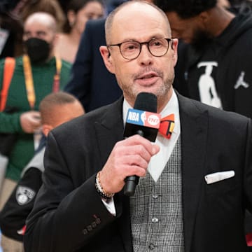 February 20, 2022; Cleveland, Ohio, USA; TNT broadcaster Ernie Johnson Jr. after the 2022 NBA All-Star Game at Rocket Mortgage FieldHouse. Mandatory Credit: Kyle Terada-Imagn Images