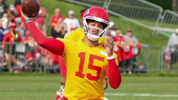 Jul 22, 2024; St. Joseph, MO, USA; Kansas City Chiefs quarterback Patrick Mahomes (15) throws a pass during training camp at Missouri Western State University. Mandatory Credit: Denny Medley-USA TODAY Sports