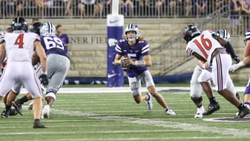 Sep 2, 2023; Manhattan, Kansas, USA; Kansas State Wildcats quarterback Avery Johnson (5) scrambles during the third quarter against the Southeast Missouri State Redhawks at Bill Snyder Family Football Stadium. Mandatory Credit: Scott Sewell-USA TODAY Sports