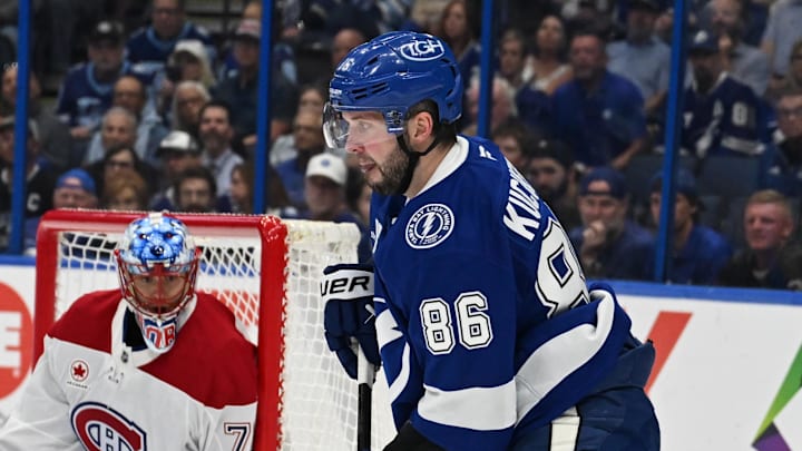 Mar 31, 2026; Tampa, Florida, USA;  Tampa Bay Lightning right wing Nikita Kucherov (86) looks for an open teammate in the first period against the Montreal Canadian at Benchmark International Arena. Mandatory Credit: Jonathan Dyer-Imagn Images