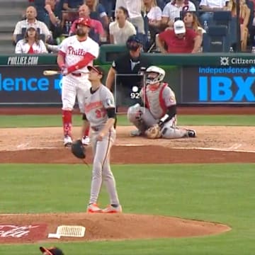 Philadelphia Phillies designated hitter Kyle Schwarber reacts after hitting his National League-leading 39th home run off of Baltimore Orioles pitcher Cade Povich.