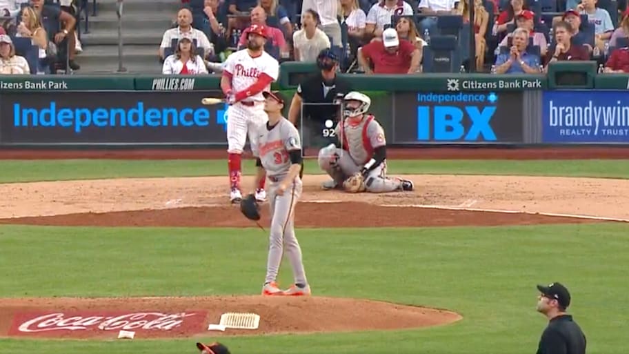 Philadelphia Phillies designated hitter Kyle Schwarber reacts after hitting his National League-leading 39th home run off of Baltimore Orioles pitcher Cade Povich. | Via MLB on