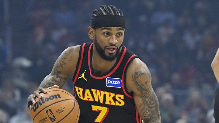 Apr 8, 2026; Cleveland, Ohio, USA; Atlanta Hawks guard Nickeil Alexander-Walker (7) brings the ball up court against the Cleveland Cavaliers in the first quarter at Rocket Arena. Mandatory Credit: David Richard-Imagn Images