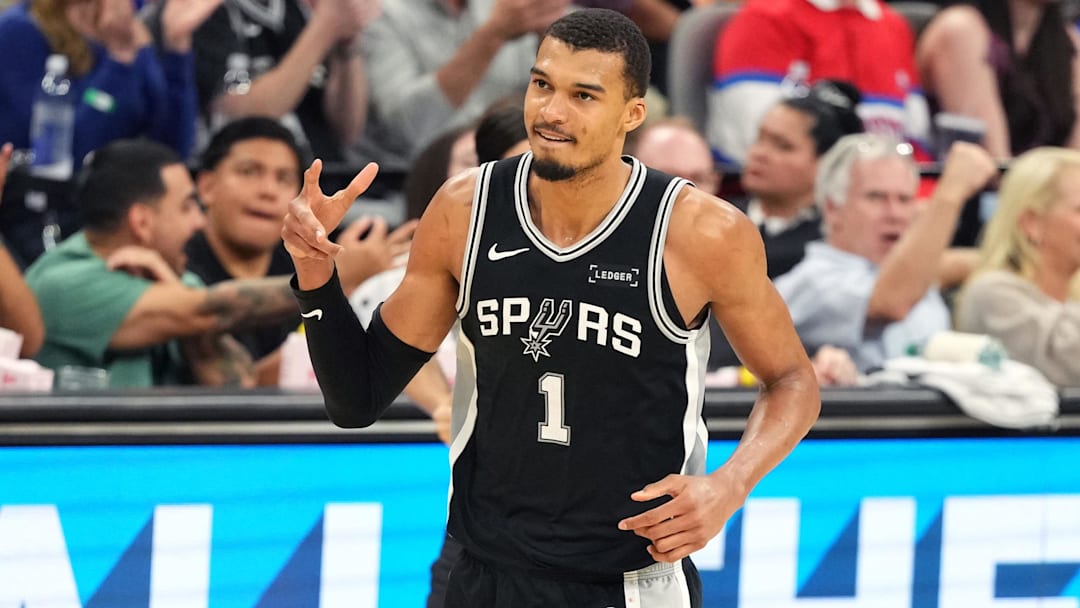 Mar 5, 2026; San Antonio, Texas, USA; San Antonio Spurs forward forward Victor Wembanyama (1) reacts after scoring a three point basket during the second half against the Detroit Pistons at Frost Bank Center. Mandatory Credit: Scott Wachter-Imagn Images