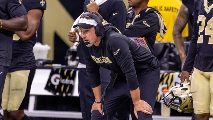 Aug 25, 2024; New Orleans, Louisiana, USA;  New Orleans Saints head coach Dennis Allen looks on against the Tennessee Titans during the second half at Caesars Superdome. Mandatory Credit: Stephen Lew-USA TODAY Sports