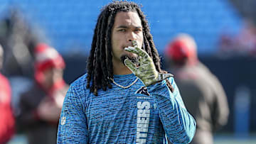 Dec 1, 2024; Charlotte, North Carolina, USA; Carolina Panthers running back Jonathon Brooks (24) during pregame warmups against the Tampa Bay Buccaneers at Bank of America Stadium. Mandatory Credit: Jim Dedmon-Imagn Images