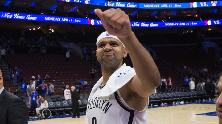 Apr 13, 2019; Philadelphia, PA, USA; Brooklyn Nets forward Jared Dudley (6) reacts as he walks off the court after a victory against the Philadelphia 76ers in game one of the first round of the 2019 NBA Playoffs at Wells Fargo Center. Mandatory Credit: Bill Streicher-USA TODAY Sports