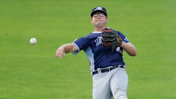 West Michigan Whitecaps' Max Anderson (22) throws to first base against the Wisconsin Timber Rattlers Tuesday, July 9, 2024, at Neuroscience Group Field at Fox Cities Stadium in Grand Chute, Wisconsin. The Timber Rattlers won 4-0.