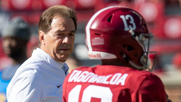 Alabama head coach Nick Saban watches as Alabama quarterback Tua Tagovailoa (13) warms up before the Alabama vs. Citadel game at Bryant-Denny Stadium in Tuscaloosa, Ala., on Saturday November 17, 2018.

Saban1103