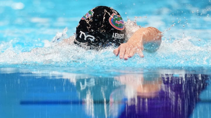 Katie Ledecky competes in the 800-meter freestyle final, Saturday, June 22, 2024, during the eighth day of the U.S. Olympic Team Swimming Trials at Lucas Oil Stadium in Indianapolis.