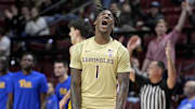 Jan 15, 2025; Tallahassee, Florida, USA; Florida State Seminoles forward Jamir Watkins (1) celebrates a three point make during the first half against the Pittsburgh Panthers at Donald L. Tucker Center. Mandatory Credit: Melina Myers-Imagn Images