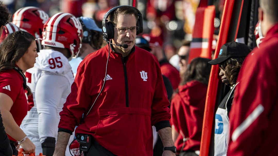 Nov 1, 2025; College Park, Maryland, USA;  Indiana Hoosiers head coach Curt Cignetti walks the sidelines during the first half against the Maryland Terrapins at SECU Stadium. Mandatory Credit: Tommy Gilligan-Imagn Images
