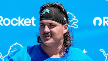 Detroit Lions offensive lineman Tate Ratledge (69) speaks after practice during rookie minicamp 