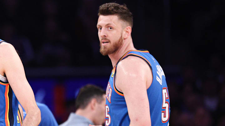 Mar 4, 2026; New York, New York, USA; Oklahoma City Thunder center Chet Holmgren (7) and center Isaiah Hartenstein (55) react after a basket during the first half against the New York Knicks at Madison Square Garden. Mandatory Credit: Vincent Carchietta-Imagn Images