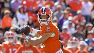 Clemson Tigers quarterback Cade Klubnik (2) passes the ball Saturday, Nov. 1, 2025, during the NCAA football game against the Duke Blue Devils at Memorial Stadium in Clemson, South Carolina.