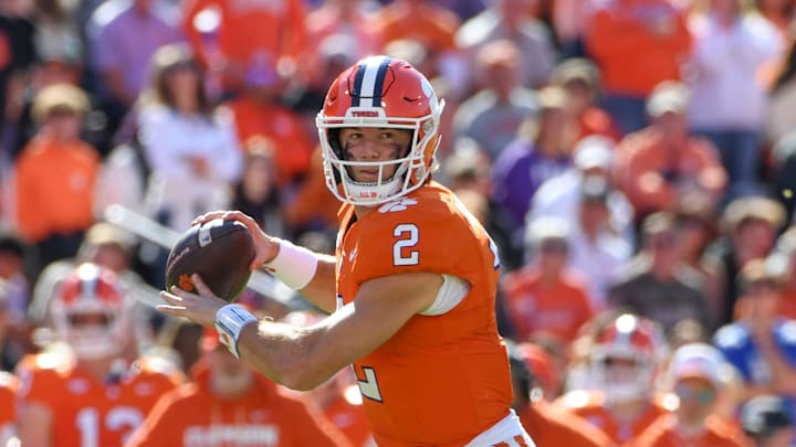 Clemson Tigers quarterback Cade Klubnik (2) passes the ball Saturday, Nov. 1, 2025, during the NCAA football game against the Duke Blue Devils at Memorial Stadium in Clemson, South Carolina.