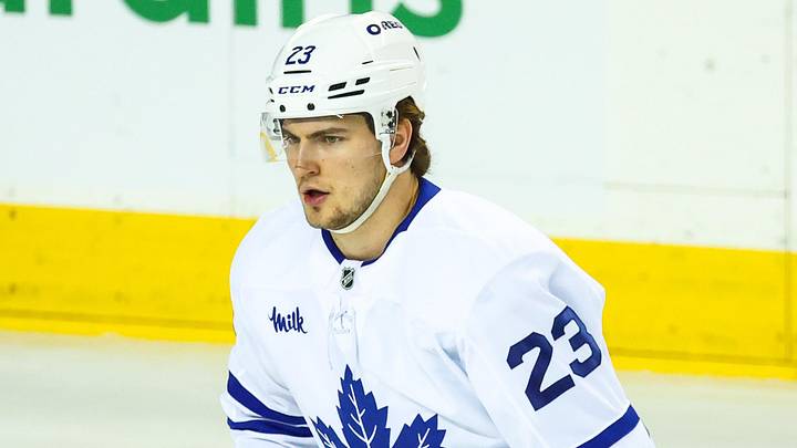 Feb 2, 2026; Calgary, Alberta, CAN; Toronto Maple Leafs left wing Matthew Knies (23) skates during the warmup period against the Calgary Flames at Scotiabank Saddledome. Mandatory Credit: Sergei Belski-Imagn Images