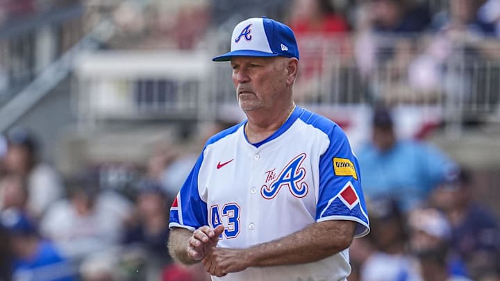 Jul 5, 2025; Cumberland, Georgia, USA; Atlanta Braves manager Brian Snitker (43) on the field during the game against the Baltimore Orioles at Truist Park. Mandatory Credit: Dale Zanine-Imagn Images