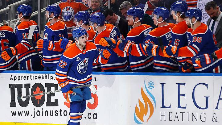 Apr 2, 2026; Edmonton, Alberta, CAN; The Edmonton Oilers celebrate a goal scored by forward Matt Savoie (22) during the second period against the Chicago Blackhawks at Rogers Place. Mandatory Credit: Perry Nelson-Imagn Images