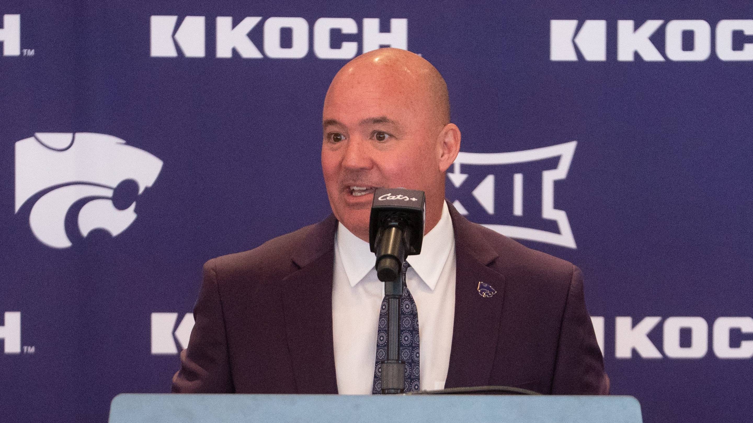 Casey Alexander is welcomed as the new head coach of the Kansas State men’s basketball team during a press conference at Bramlage Coliseum on Monday, March 16, 2026. | USA TODAY Network via Reuters Connect