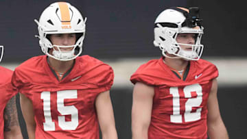 Tennessee quarterback Joey Aguilar (6), Tennessee quarterback George MacIntyre (15), and Tennessee quarterback Jake Merklinger (12) during Tennessee football preseason practice, in Knoxville, Tennessee, July 31, 2025.