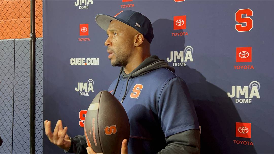Aug 27, 2026; Syracuse, NY, USA; Syracuse nickels coach Marcus Walker addresses the media at Ensley Athletic Center. Aug 27, 2026; Syracuse, NY, USA; Syracuse nickels coach Marcus Walker addresses the media at Ensley Athletic Center.