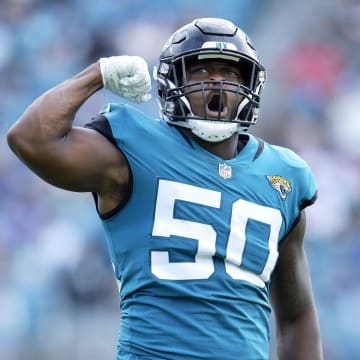 Jacksonville Jaguars linebacker Shaquille Quarterman (50) celebrates after a stop on a kick return during early third quarter action. The Jacksonville Jaguars hosted the Las Vegas Raiders at TIAA Bank Field in Jacksonville, FL Sunday November 6, 2022. The Jaguars trailed 20 to 10 at the end of the first half but came back to win the game with a final score of 27 to 20.