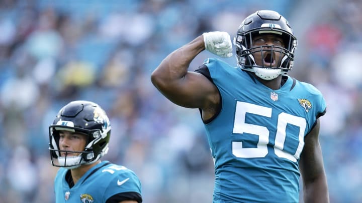 Jacksonville Jaguars linebacker Shaquille Quarterman (50) celebrates after a stop on a kick return during early third quarter action. The Jacksonville Jaguars hosted the Las Vegas Raiders at TIAA Bank Field in Jacksonville, FL Sunday November 6, 2022. The Jaguars trailed 20 to 10 at the end of the first half but came back to win the game with a final score of 27 to 20.