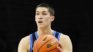 Jan 21, 2025; Boulder, Colorado, USA; Brigham Young Cougars guard Egor Demin (3) during the first half against the Colorado Buffaloes at CU Events Center. Mandatory Credit: Ron Chenoy-Imagn Images