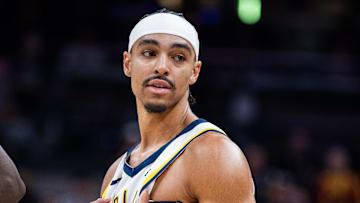 Indiana Pacers guard Andrew Nembhard (2) in the first half against the Oklahoma City Thunder at Gainbridge Fieldhouse.