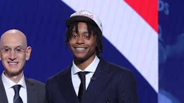 Jun 25, 2025; Brooklyn, NY, USA;  Tre Johnson stands with NBA commissioner Adam Silver after being selected as the sixth pick by the Washington Wizards in the first round of the 2025 NBA Draft at Barclays Center. Mandatory Credit: Brad Penner-Imagn Images