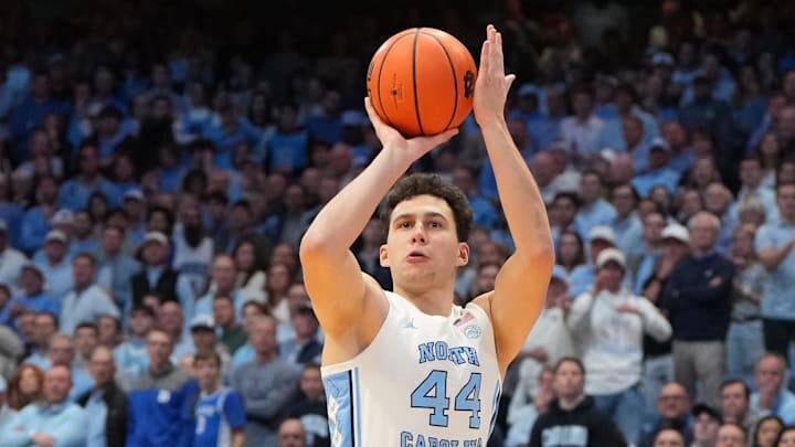 Feb 7, 2026; Chapel Hill, North Carolina, USA;  North Carolina Tar Heels guard Luka Bogavac (44) shoots in the second half at Dean E. Smith Center. Mandatory Credit: Bob Donnan-Imagn Images