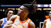 Tennessee Volunteers guard Chaz Lanier (2) drives to the basket Friday, March 28, 2025, during the NCAA Tournament Sweet 16 game against the Kentucky Wildcats at Lucas Oil Stadium in Indianapolis.