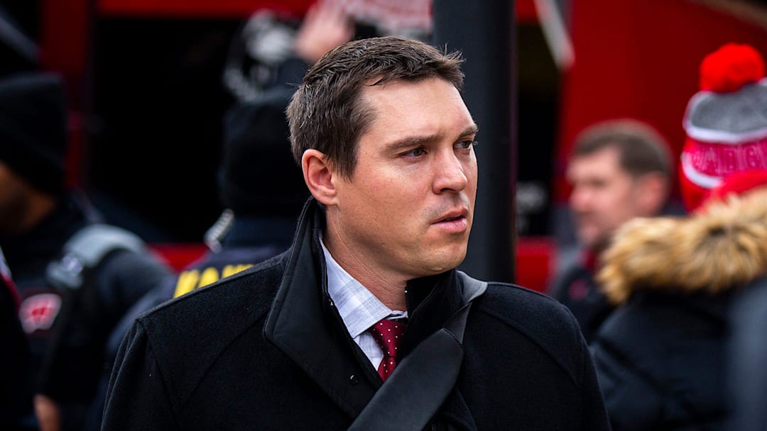 Wisconsin interim head coach Jim Leonhard arrives before a NCAA Big Ten Conference football game against Iowa, Saturday, Nov. 12, 2022, at Kinnick Stadium