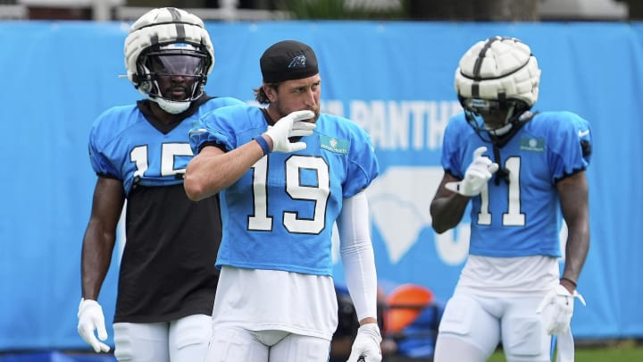 Jul 30, 2024; Charlotte, NC, USA; Carolina Panthers wide receiver Adam Thielen (19), wide receiver Jonathan Mingo (15) and wide receiver Ihmir Smith-Marsette (11) during training camp at Carolina Panthers Practice Fields. Mandatory Credit: Jim Dedmon-USA TODAY Sports