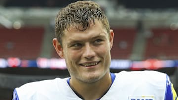 Aug 24, 2024; Houston, Texas, USA; Los Angeles Rams punter Ethan Evans (42) before the game against the Houston Texans at NRG Stadium. Mandatory Credit: Troy Taormina-Imagn Images