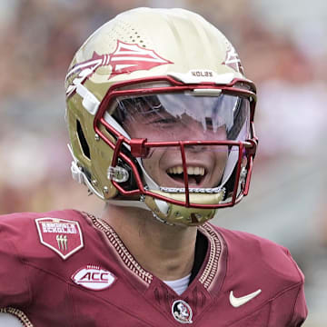 Sep 6, 2025; Tallahassee, Florida, USA; Florida State Seminoles quarterback Kevin Sperry celebrates after scoring a touchdown against the East Texas A&M Lions during the second half at Doak S. Campbell Stadium. Mandatory Credit: Melina Myers-Imagn Images